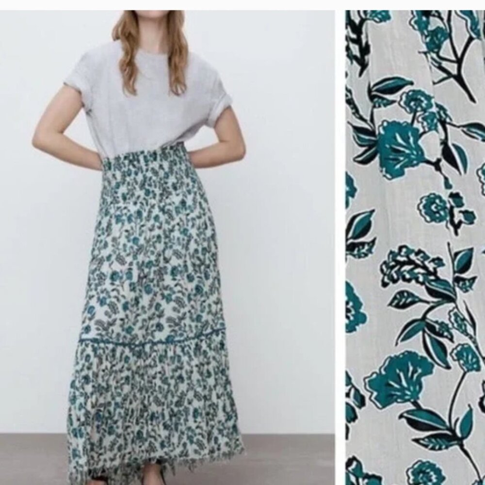 Zara “Kiara” Cotton Floral Print 2 Tier Peasant Maxi Skirt Size Medium